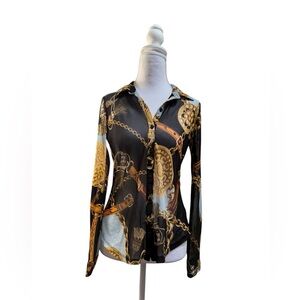 Timing Women’s 90s Inspired Black Gold Chain Button Up Sheer Mesh Shirt Size M